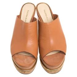 Paloma Barcelo Tan Leather Mule Platform Wedge Sandals Size 39