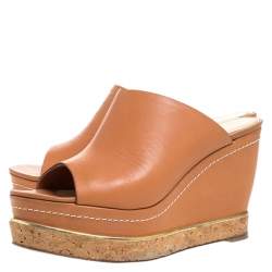Paloma Barcelo Tan Leather Mule Platform Wedge Sandals Size 39