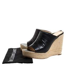 Paloma Barceló Black Croc Embossed Leather Espadrille Wedge Sandals Size 40