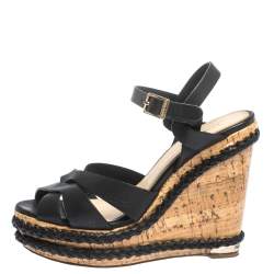 Paloma Barceló Black Strappy Leather Ankle Strap Platform Cork Wedge Sandals Size 37