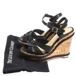 Paloma Barceló Black Strappy Leather Ankle Strap Platform Cork Wedge Sandals Size 37
