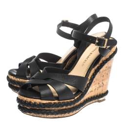 Paloma Barceló Black Strappy Leather Ankle Strap Platform Cork Wedge Sandals Size 37