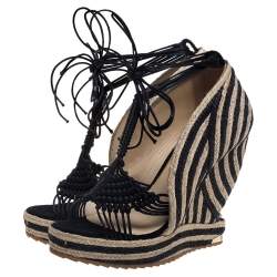 Pre Owned Paloma Barceló Black/Beige Woven Satin Cord Ankle Wrap Espadrille Platform Wedge Sandals Size 38