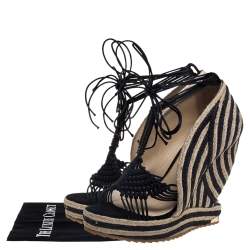 Pre Owned Paloma Barceló Black/Beige Woven Satin Cord Ankle Wrap Espadrille Platform Wedge Sandals Size 38