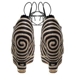 Pre Owned Paloma Barceló Black/Beige Woven Satin Cord Ankle Wrap Espadrille Platform Wedge Sandals Size 38