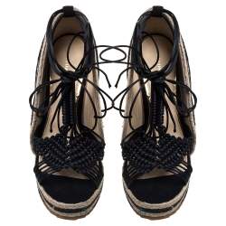 Pre Owned Paloma Barceló Black/Beige Woven Satin Cord Ankle Wrap Espadrille Platform Wedge Sandals Size 38