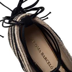 Pre Owned Paloma Barceló Black/Beige Woven Satin Cord Ankle Wrap Espadrille Platform Wedge Sandals Size 38