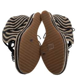 Pre Owned Paloma Barceló Black/Beige Woven Satin Cord Ankle Wrap Espadrille Platform Wedge Sandals Size 38