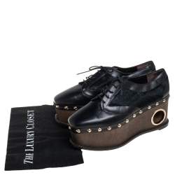 Pre Owned Paloma Barceló Black Leather and Pony Hair Studded Wedge Oxfords Size 38