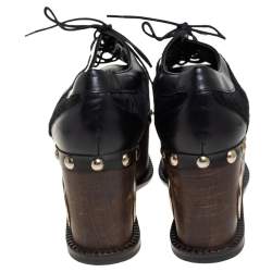 Pre Owned Paloma Barceló Black Leather and Pony Hair Studded Wedge Oxfords Size 38
