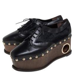 Pre Owned Paloma Barceló Black Leather and Pony Hair Studded Wedge Oxfords Size 38