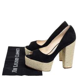 Paloma Barceló Black Suede Espadrilles Peep Toe Wedge Pumps Size 38
