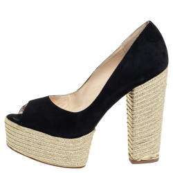 Paloma Barceló Black Suede Espadrilles Peep Toe Wedge Pumps Size 38