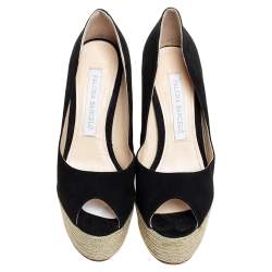 Paloma Barceló Black Suede Espadrilles Peep Toe Wedge Pumps Size 38