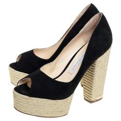 Paloma Barceló Black Suede Espadrilles Peep Toe Wedge Pumps Size 38