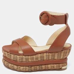 Paloma Barceló Brown Leather Basket Weave Platform Ankle-Strap Sandals Size 35