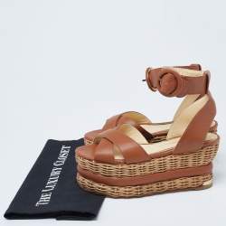 Paloma Barceló Brown Leather Basket Weave Platform Ankle-Strap Sandals Size 35