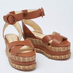 Paloma Barceló Brown Leather Basket Weave Platform Ankle-Strap Sandals Size 35