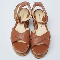 Paloma Barceló Brown Leather Basket Weave Platform Ankle-Strap Sandals Size 35