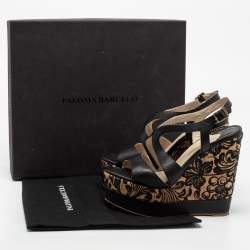 Paloma Barceló Black Leather Embroidered Cork Wedge Platform Sandals Size 37