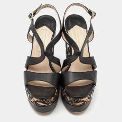 Paloma Barceló Black Leather Embroidered Cork Wedge Platform Sandals Size 37
