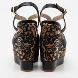Paloma Barceló Black Leather Embroidered Cork Wedge Platform Sandals Size 37