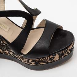 Paloma Barceló Black Leather Embroidered Cork Wedge Platform Sandals Size 37