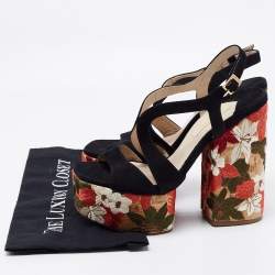 Paloma Barceló Black Suede Embroidered Platform Block Heel Sandals Size 40