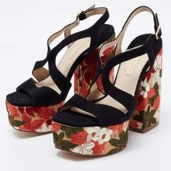 Paloma Barceló Black Suede Embroidered Platform Block Heel Sandals Size 40