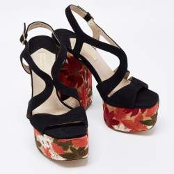 Paloma Barceló Black Suede Embroidered Platform Block Heel Sandals Size 40