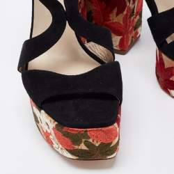 Paloma Barceló Black Suede Embroidered Platform Block Heel Sandals Size 40
