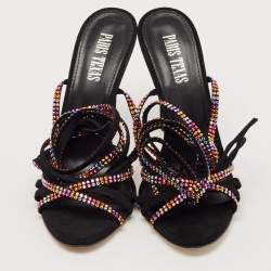 Pre Owned Paris Texas Black Suede Crystal Embellished Holy Nicole Sandals Size 38