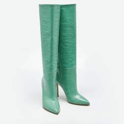 Pre Owned Paris Texas Green Croc Embossed Leather Wasabi Knee Length Boots Size 39