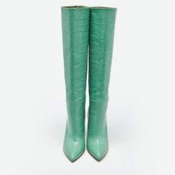 Pre Owned Paris Texas Green Croc Embossed Leather Wasabi Knee Length Boots Size 39