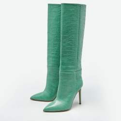 Pre Owned Paris Texas Green Croc Embossed Leather Wasabi Knee Length Boots Size 39
