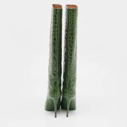 Pre Owned Paris Texas Green Croc Embossed Leather Knee Length Boots Size 39