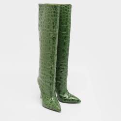 Pre Owned Paris Texas Green Croc Embossed Leather Knee Length Boots Size 39