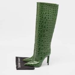 Pre Owned Paris Texas Green Croc Embossed Leather Knee Length Boots Size 39