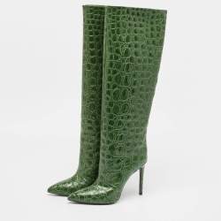 Pre Owned Paris Texas Green Croc Embossed Leather Knee Length Boots Size 39