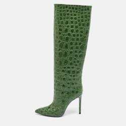Pre Owned Paris Texas Green Croc Embossed Leather Knee Length Boots Size 39