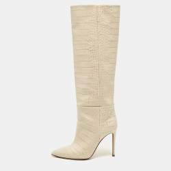 مملوكة مسبقًا Paris Texas Cream Croc Embossed Leather Knee Length Boots Size 38