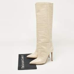 مملوكة مسبقًا Paris Texas Cream Croc Embossed Leather Knee Length Boots Size 38