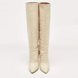 مملوكة مسبقًا Paris Texas Cream Croc Embossed Leather Knee Length Boots Size 38
