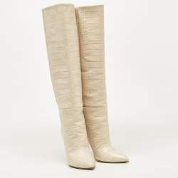 مملوكة مسبقًا Paris Texas Cream Croc Embossed Leather Knee Length Boots Size 38