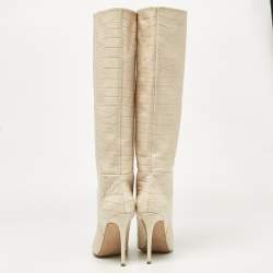 مملوكة مسبقًا Paris Texas Cream Croc Embossed Leather Knee Length Boots Size 38