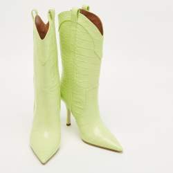 Paris Texas Lime Green Croc Embossed Leather Paloma Mid Calf Boots Size 38