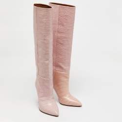 Paris Texas Pink Croc Embossed Leather Knee Length Boots Size 39
