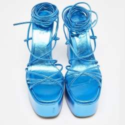 Paris Texas Blue Leather Platform Lace Up Sandals Size 39