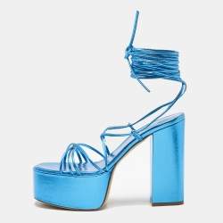 Paris Texas Blue Leather Platform Lace Up Sandals Size 39