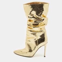 Paris Texas Gold Croc Embossed Leather Slouchy Mid Calf Boots Size 39